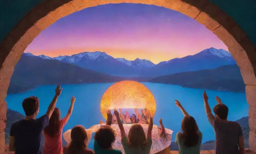 Un grupo de jóvenes con sueños que se alzan bajo un cielo radiantemente colorido