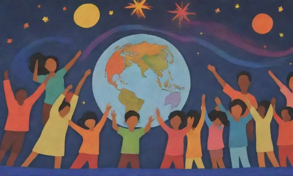 Un telar despliega colores vivos; estudiantes de diversas culturas bailan alrededor del globo hecho por la luz de las estrellas