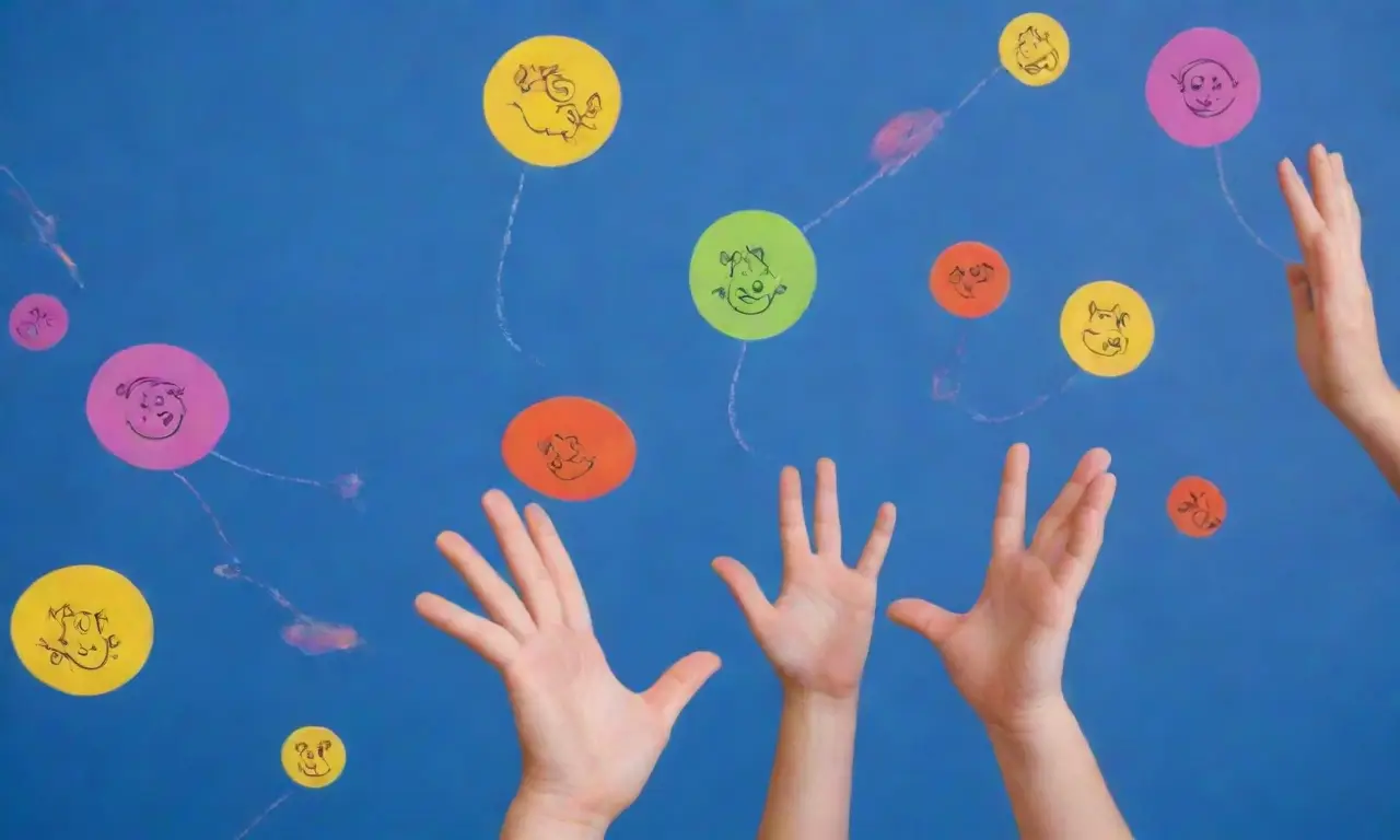 Formas geométricas explotan en un fondo azul vibrante, formando burbujas de pensamiento con dibujos de niños explorando actividades prácticas. (Translation: Geometric shapes boom in the dynamic blue background, forming thought bubbles with detailed children’s drawings practicing hands-on activities)