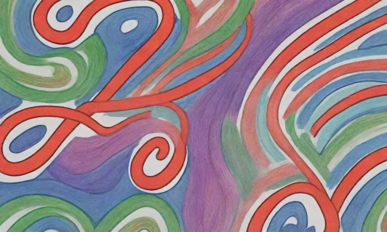 Un texto en rojo y blanco sobre un patrón geométrico con tonos de violeta, azul y verde