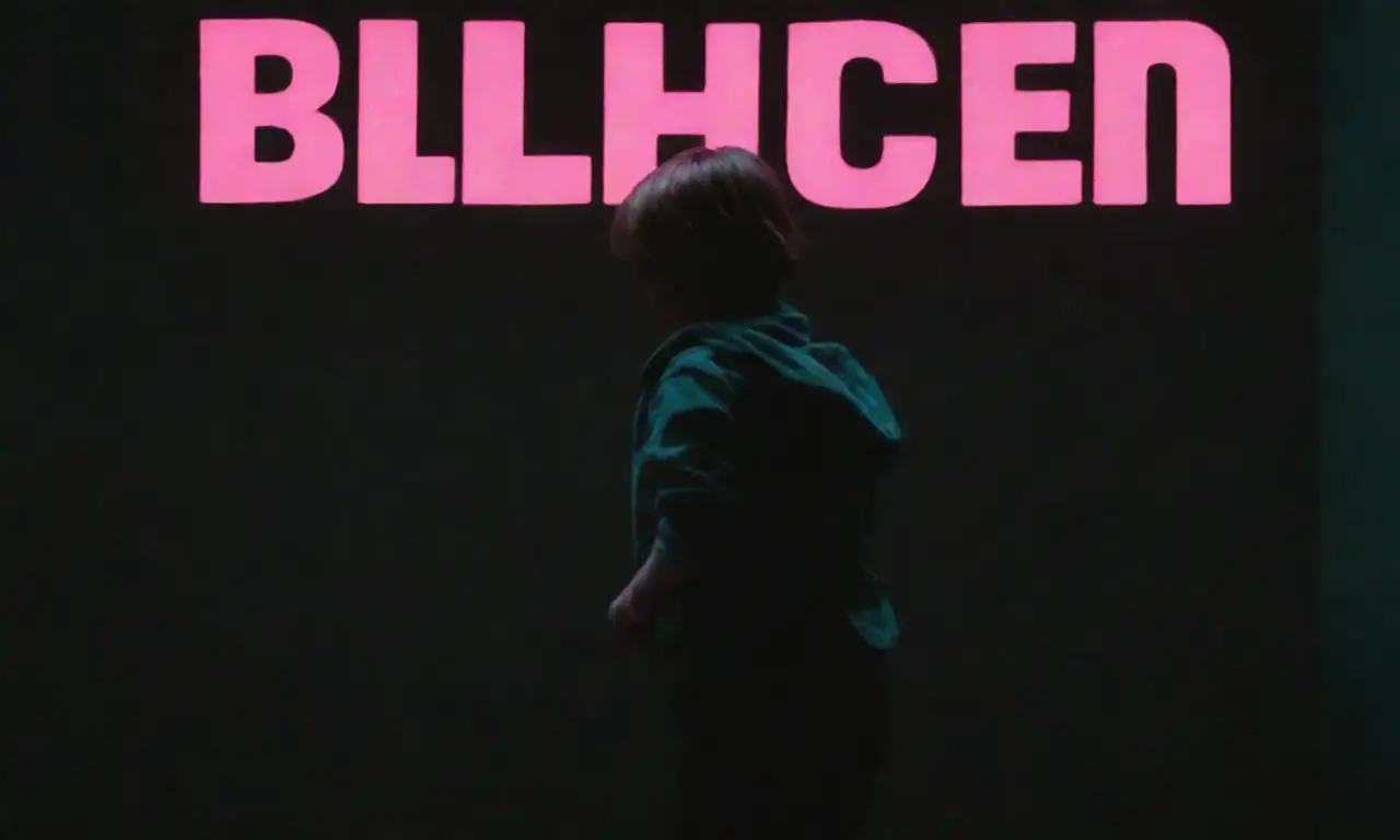 Escudo de un texto teal con palabras neón pink en fondos gris oscuro representando a un niño siendo empujado entrando a una clase oscura