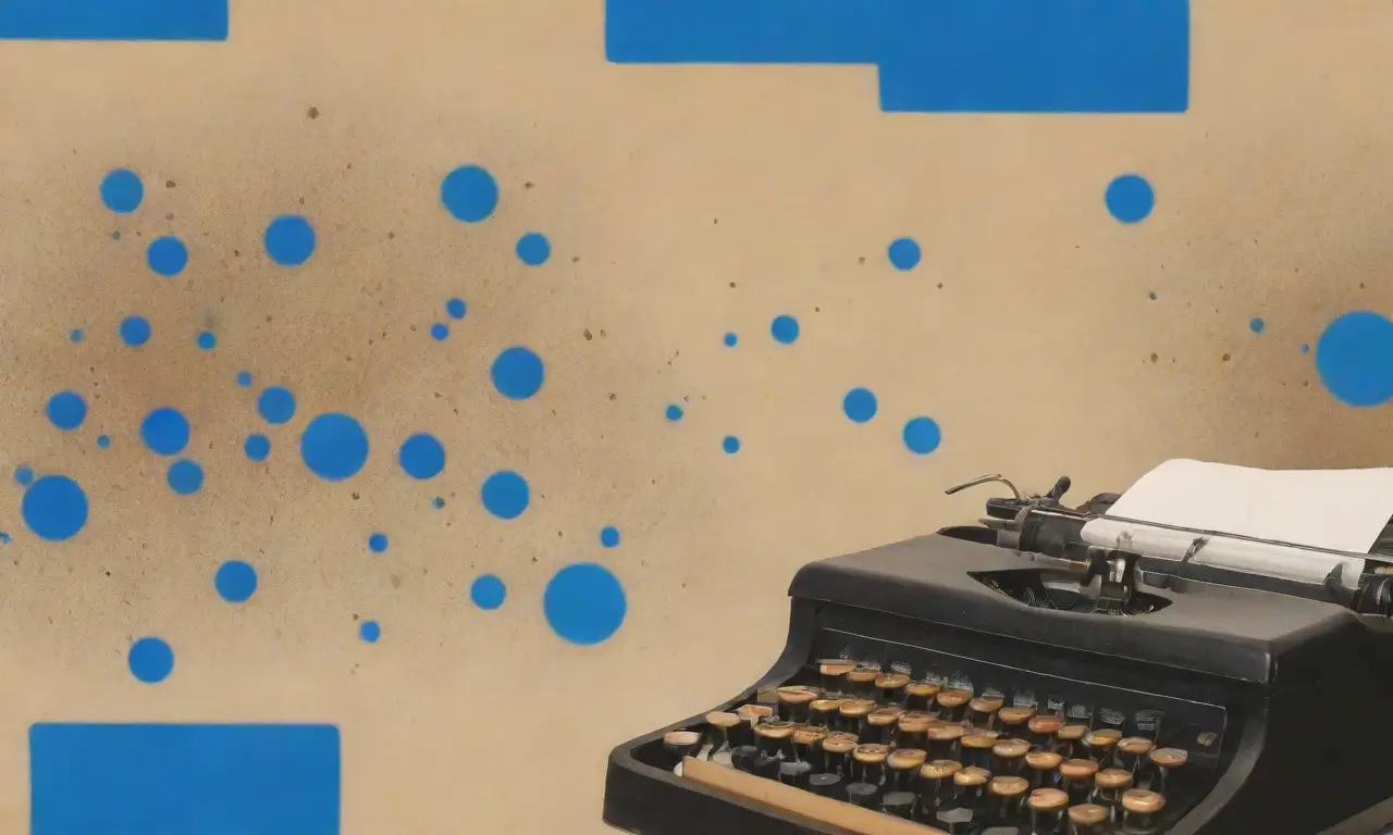 La máquina de escribir vintage con claves doradas, gráficos que se desvanecen y formas abstractas reflejan los rostros de los estudiantes