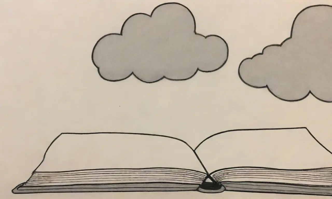 Un paisaje monocromático de nubes abstractas con una silueta de libro cerrada