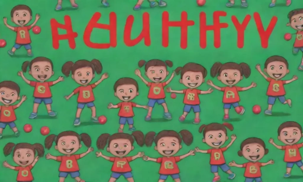 Un grid verde neón con dibujos de niños en actividad y un mensaje de salud por arriba