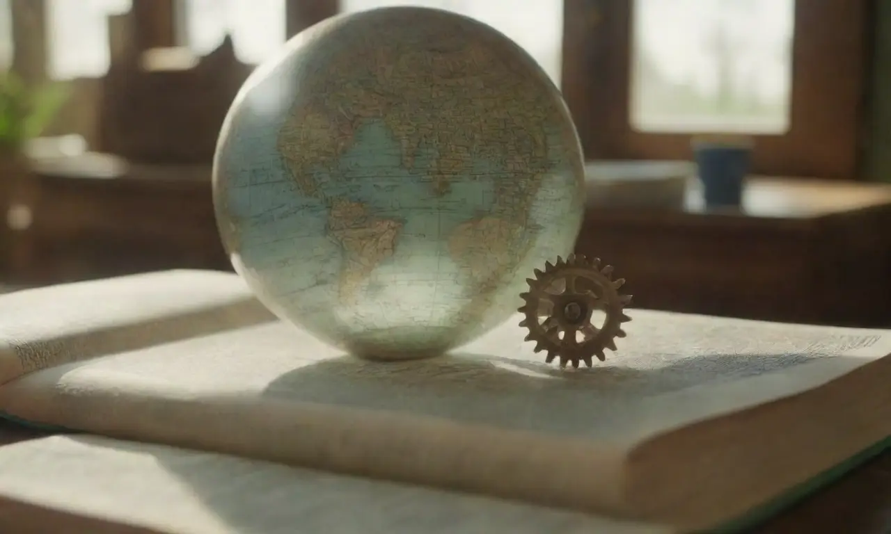 Un mapa, la luz solar y un globo reflejando. (A map, sunshine, and a globe reflecting.)