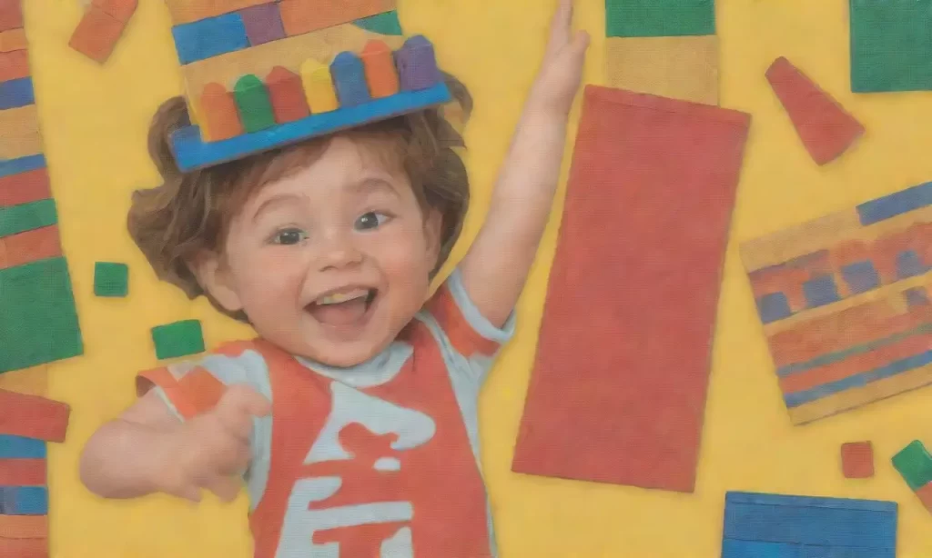 Colores primarios vibrante y niños riendo mientras construyen con bloques de colores