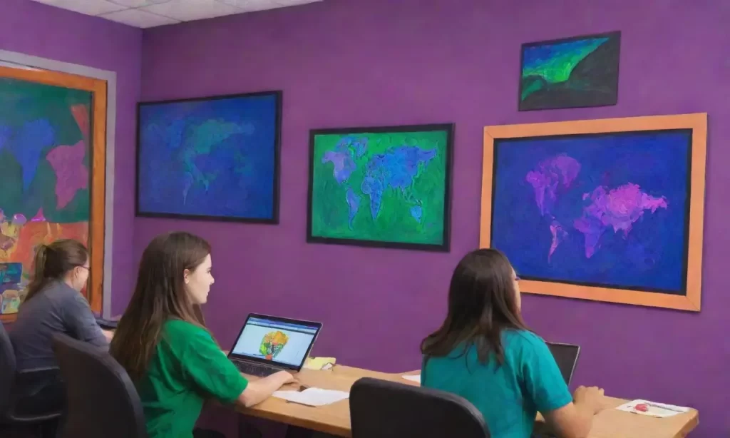 Un aula vibrante y dinámica se despliega en una mezcla de colores. (A vibrant and dynamic classroom unfolds in a mix of colors.) **Explanation:*** The sentence captures the essence of the imagery provided – a space filled with color