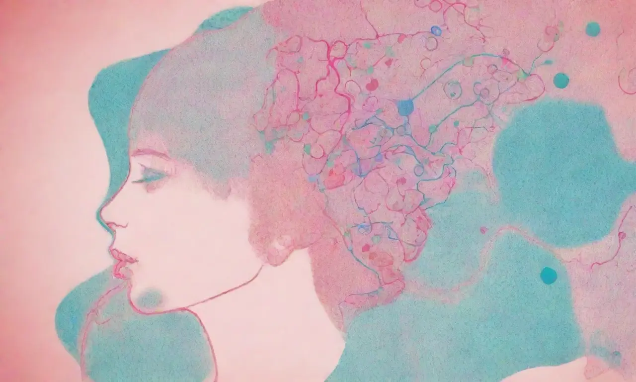 Un perfil femenino, en un amanecer sutil y colorido, con un dibujo de líneas en geometrías abstractas