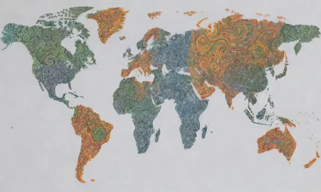 Un mapa mundial se viste con azules y grisáceo y puntos vibrantes de naranja y verde
