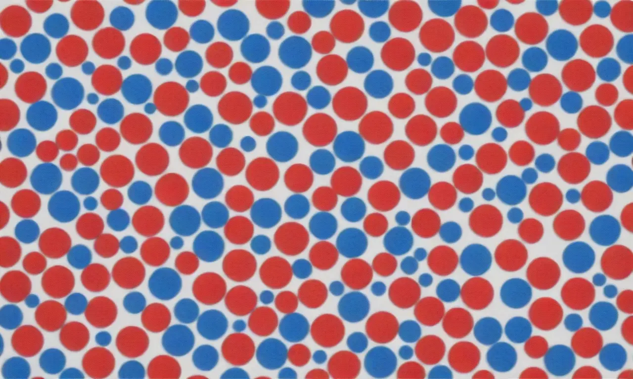 Una cuadrícula de puntos con luz pulsando azul y rojo en un fondo blanco. **Translation:**  A grid of lit dots blinking blue and red in a stark white background. Let me know if youd like to try another sentence!