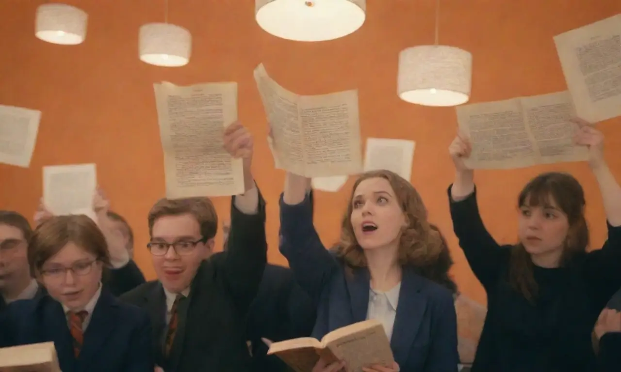 En un fondo azul suave, bucles de texto abstracto giran de un círculo de figuras: profesores, estudiantes jóvenes con libros y luz cálida de libros antiguos y lámparas