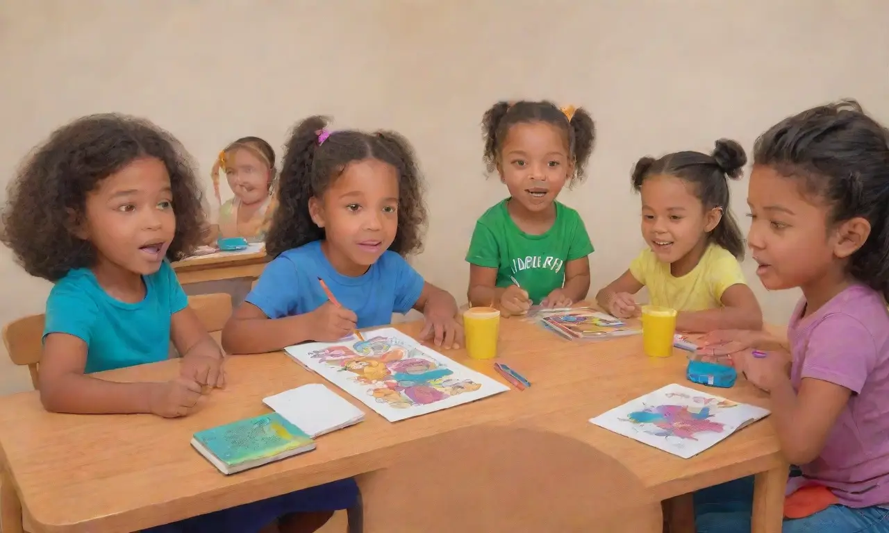 Los niños rodean una mesa, iluminados por la luz cálida de sus estudios