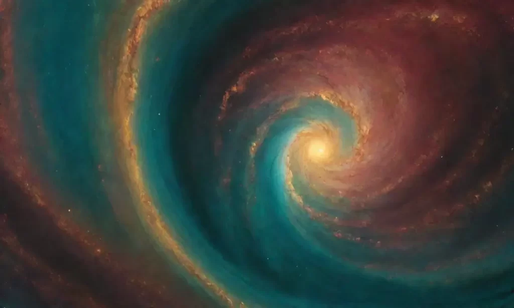 Un abismo de colores y nebulosas se ilumina de un amarillo sutil. **Translation:** A void of colors and nebulas sways bathed in a subtle yellow. **Note**: It breaks down the complex sentence into something concise using evocative imagery