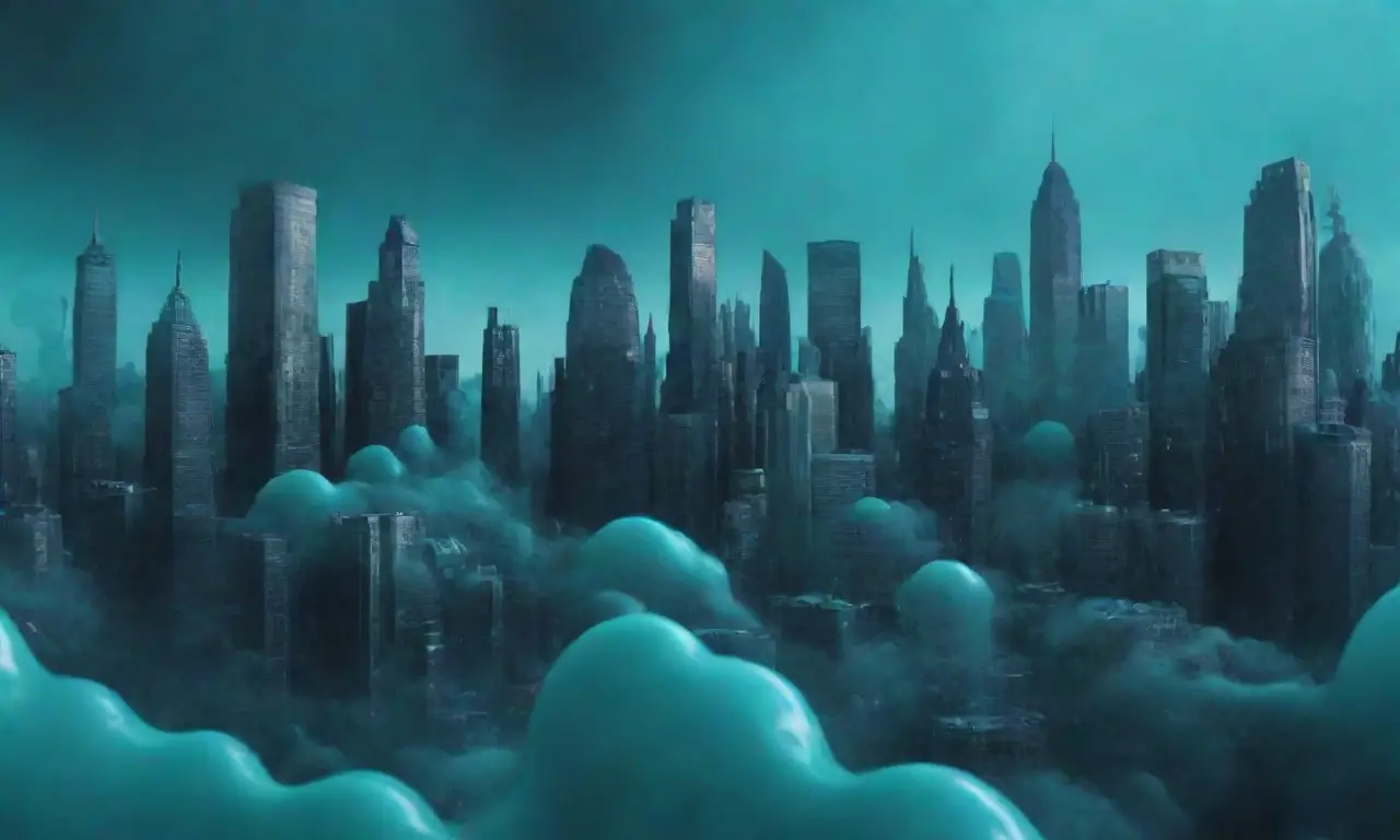 Las ciudades futuristas se pintan con azules y teales, llenos de burbujas de pensamiento