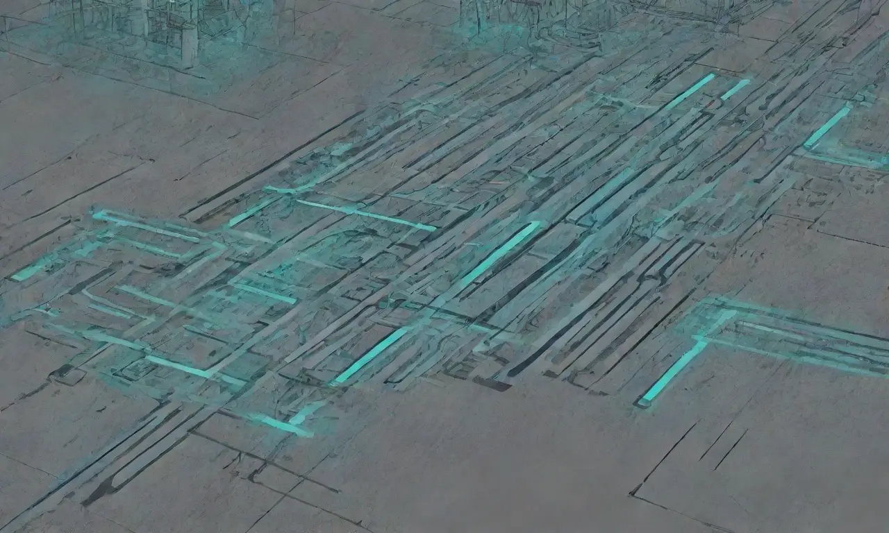 Esquemas geométricos con líneas audaces y una paleta de colores vibrante se entrelazan en un retrato industrial