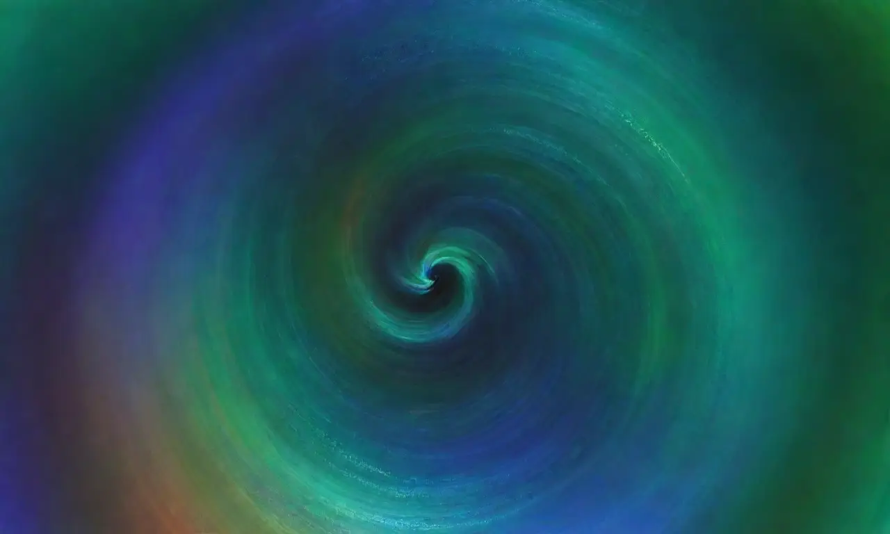 Un espectro de azules vibrantes se fusiona con un verde esmeralda, formando un torbellino donde figuras abstractas bailan en el atardecer digital