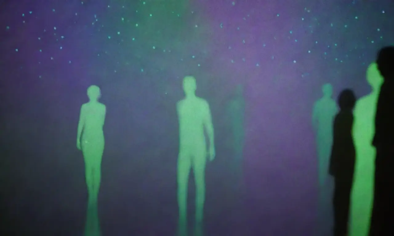 Redes de figuras humanas, puntos azules y verdes se conectan hasta que las ondas geométricas de datos abstractos fluyen a lo largo de las franjas tiempo señaladas con colores grisáceo y violeta, sugieren la desdicha social