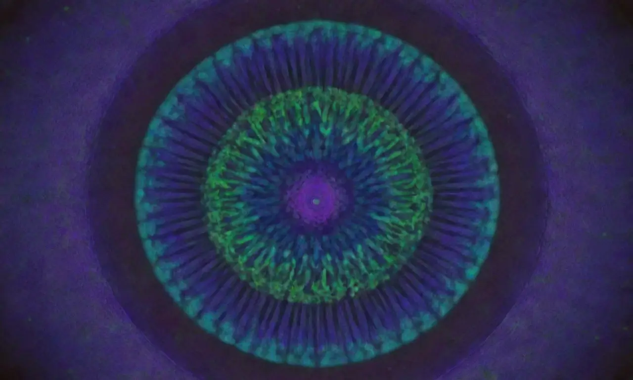 Una cara preocupada se esconde en un mandala complejo con colores púrpura, verde y azul