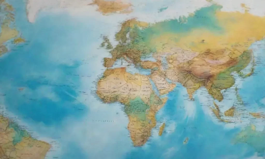 Un rayo amarillo brillante ilumina un mapa con bordistas de acuarela turquesa