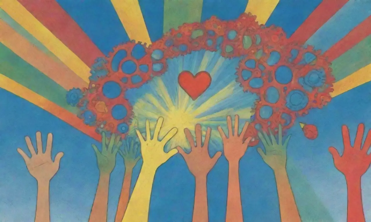 **Las manos diversas alcanzan por Beams abstratos de luz, con engranajes girando al cielo, mientras un corazón rojo pulsante late en un torbellino de azul, verde y amarillo.**