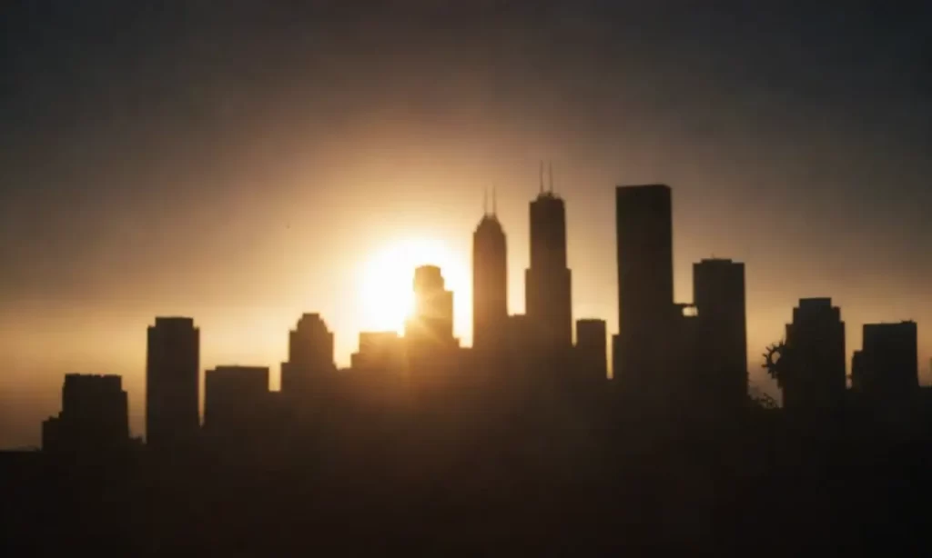 Ciudad vibrante contra un fondo en tonos oscuros con engranajes girando bajo la luz digital