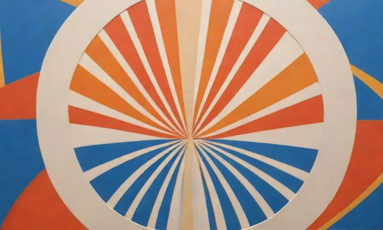 Las formas geométricas doradas surgen del centro, con una suave paleta de azules y naranjas que se expanden hacia la eternidad. **Translation:** Golden geometric shapes erupt from the center with a gradual blues and oranges palette expanding across eternity