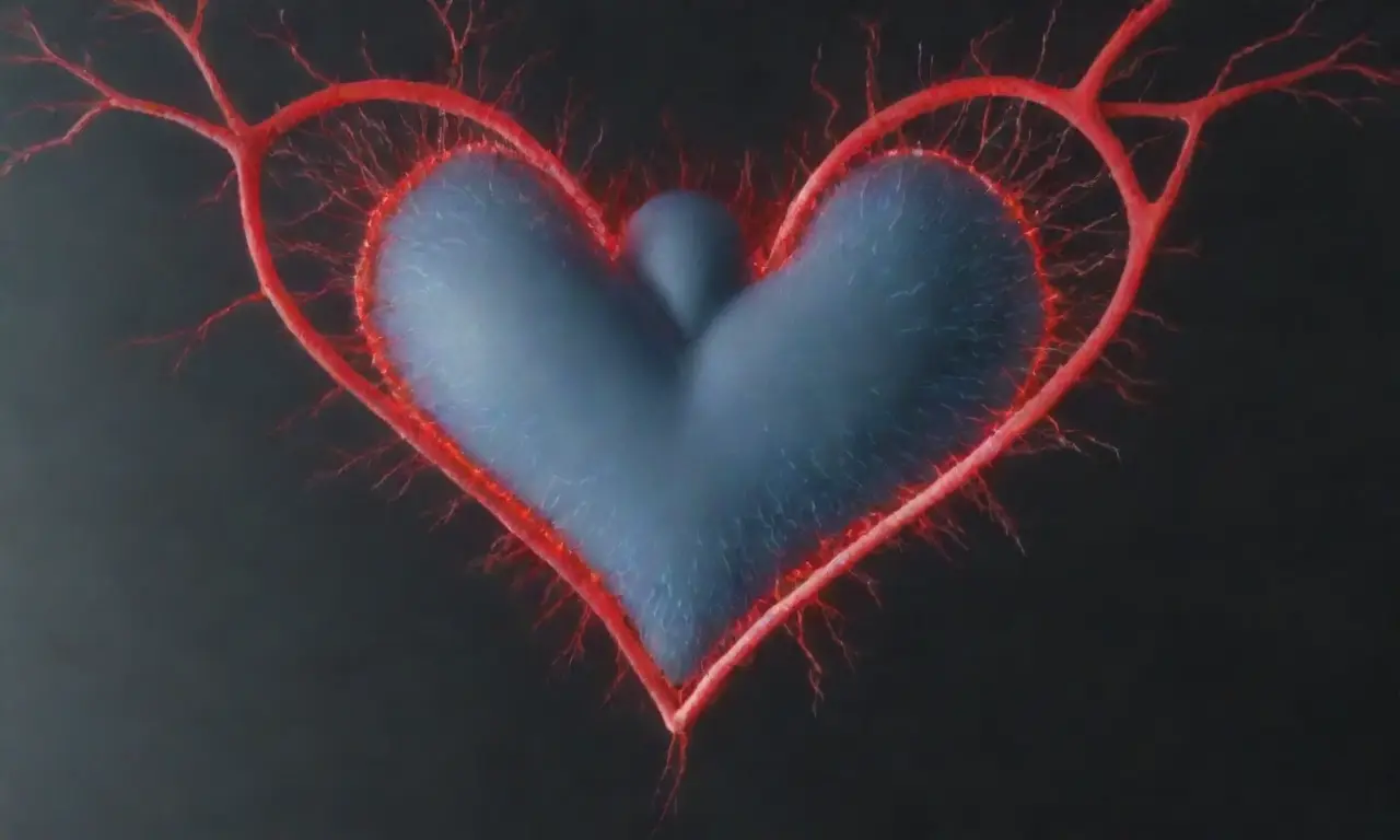 Una gráfica vibrantes con un corazón digital rojo y blanco en patrones neuronales abstractos que se precipitan por la azul de los dispositivos conectados y una pizarra gris que se desvanece al fondo. **Translation:** A vibrant graphic with a red and white digital heart pulsating over abstract neuron patterns bursting through the blue of connected devices, overlaid on a fading chalkboard texture that goes gray at the bottom