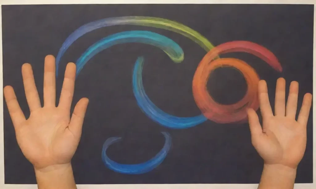 Un cuadro abstracto con humo mágico y manos de niños alcanzando las estrellas