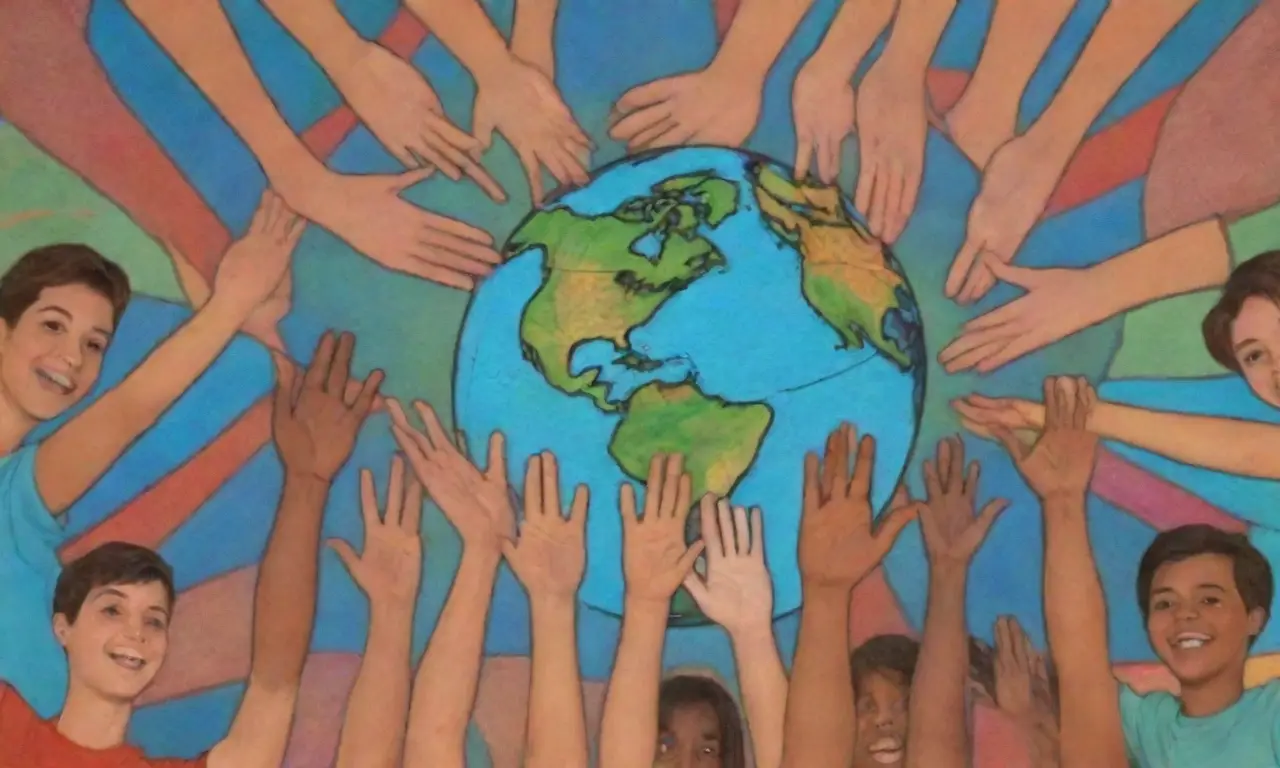 Estudiantes de diversos orígenes se agrupan alrededor del globo, revelando las conexiones culturales en una paleta vibrante