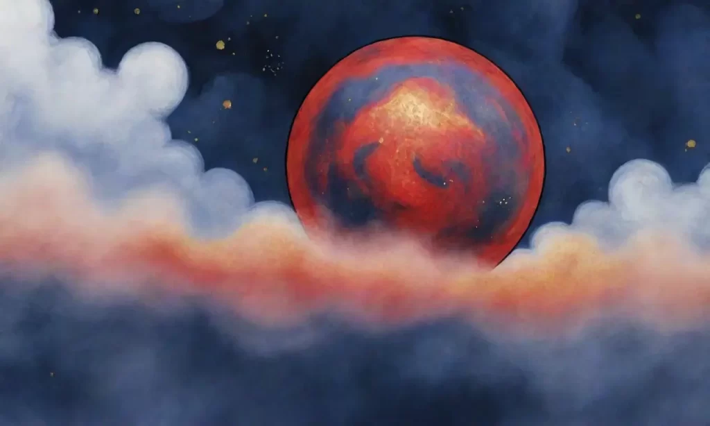 Un globo rojo vibrante baila con un humo azul inmenso y su superficie está llena de chispas doradas