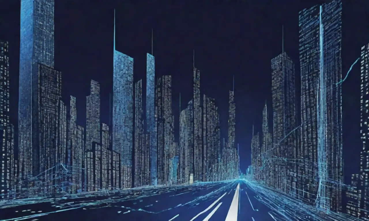 Un diseño gráfico de código atroz se ilumina con un cielo azul y un rascacielos futurista