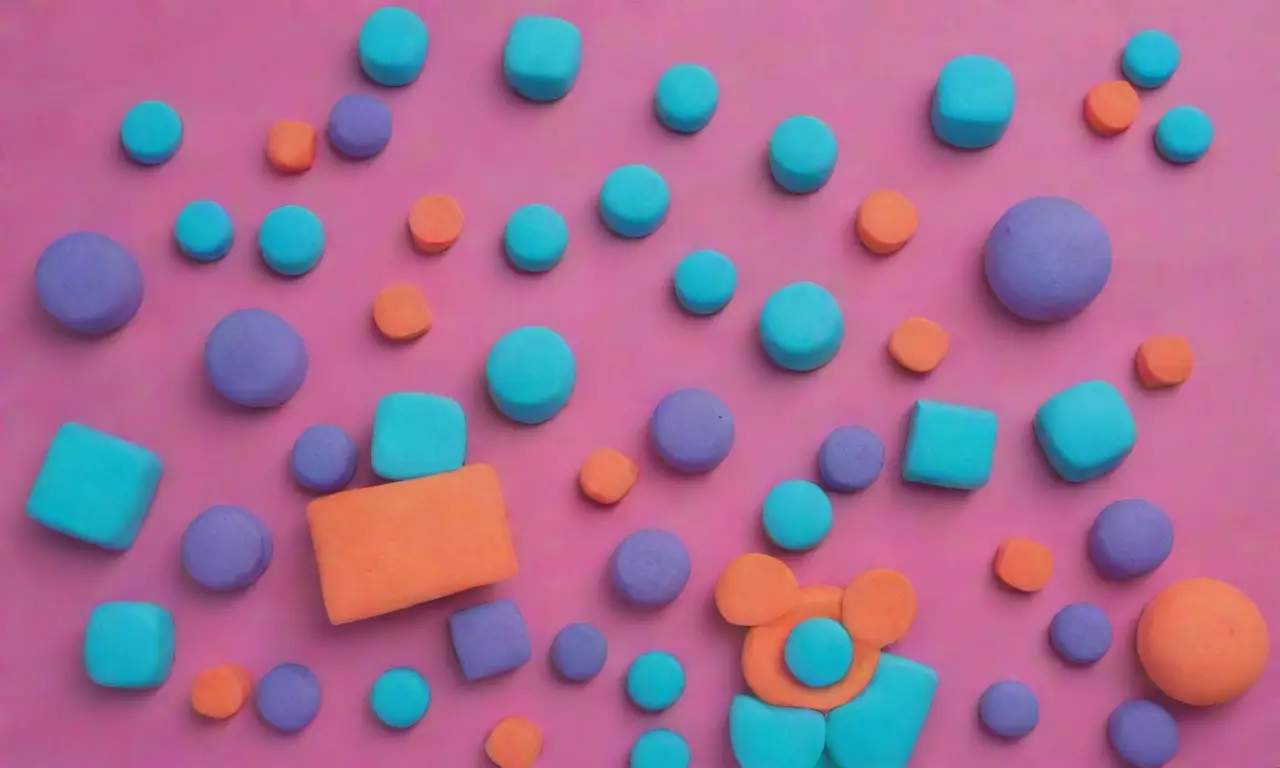 Patrones geométricos abstractos explotan en tonos neón, con niños de arcilla y dados que se mueven en la turbulencia