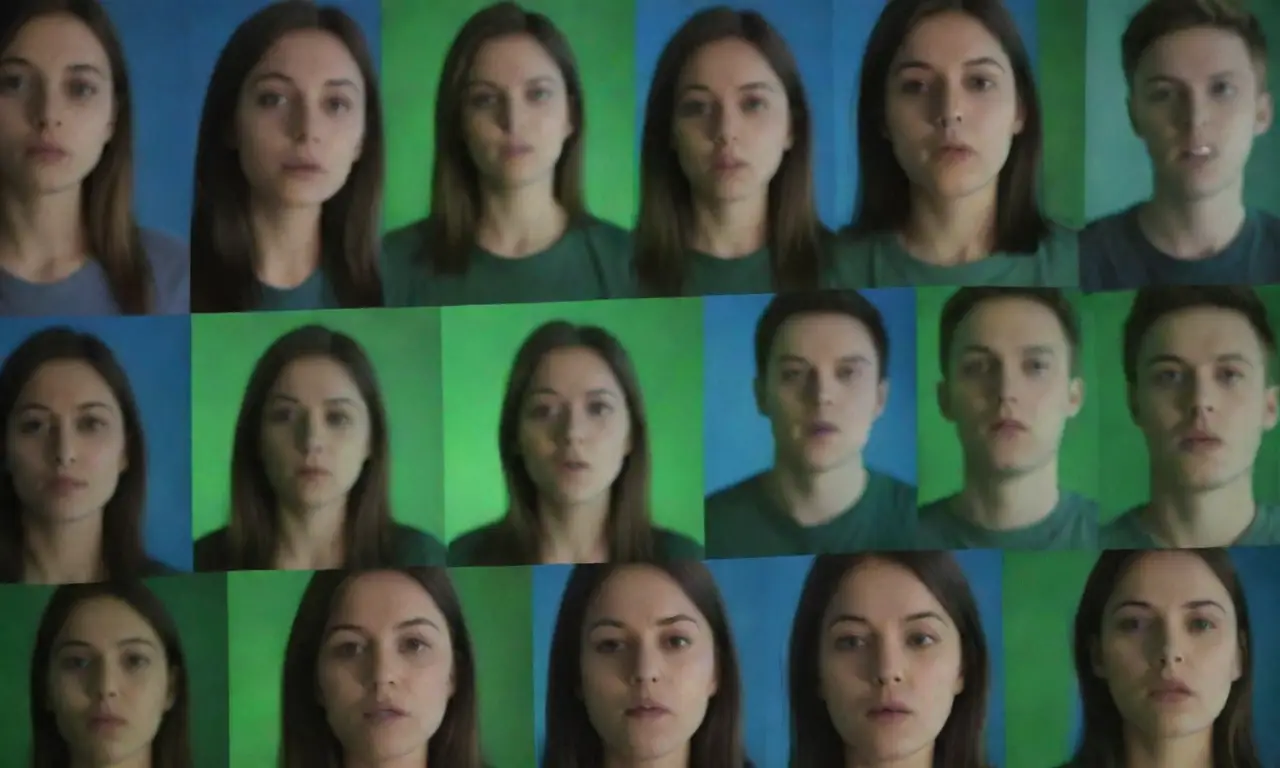 Gradientes de verde y azul en formas abstractas, fotografías de personas estudiando con flashes brillantes