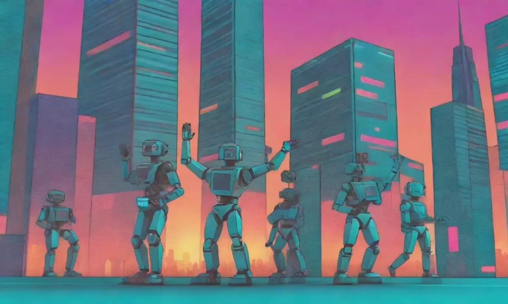 La ciudad vibra con robots futuristas y colores vibrantes