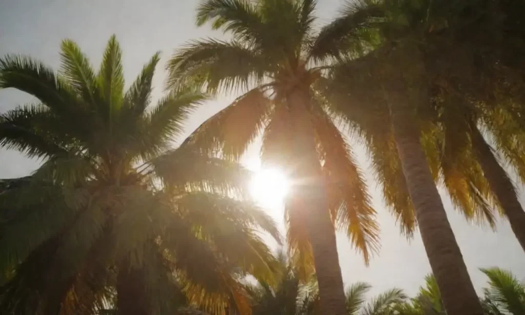 Las palmas con hojas verdes salpicadas del sol