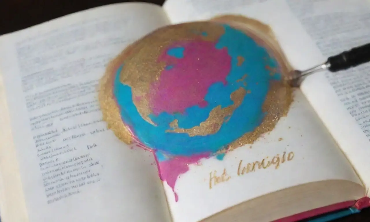 Un libro con mapas detallados y textos luminosos componen la escena