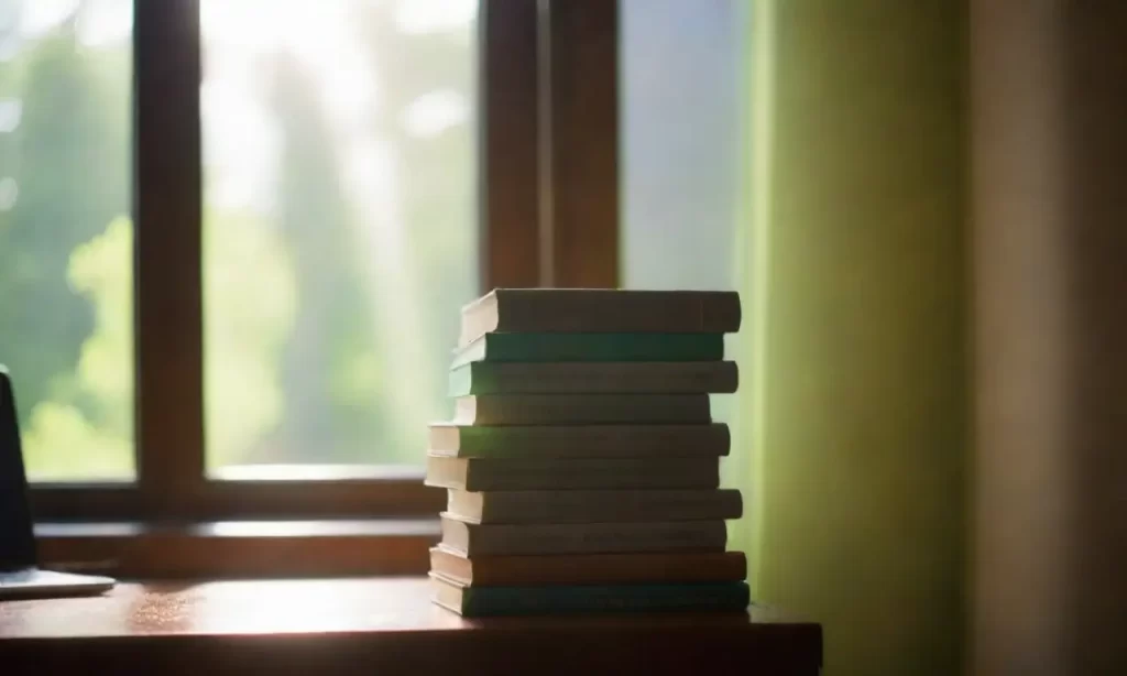 Libros de programación brillando con sol y código verde en pantalla