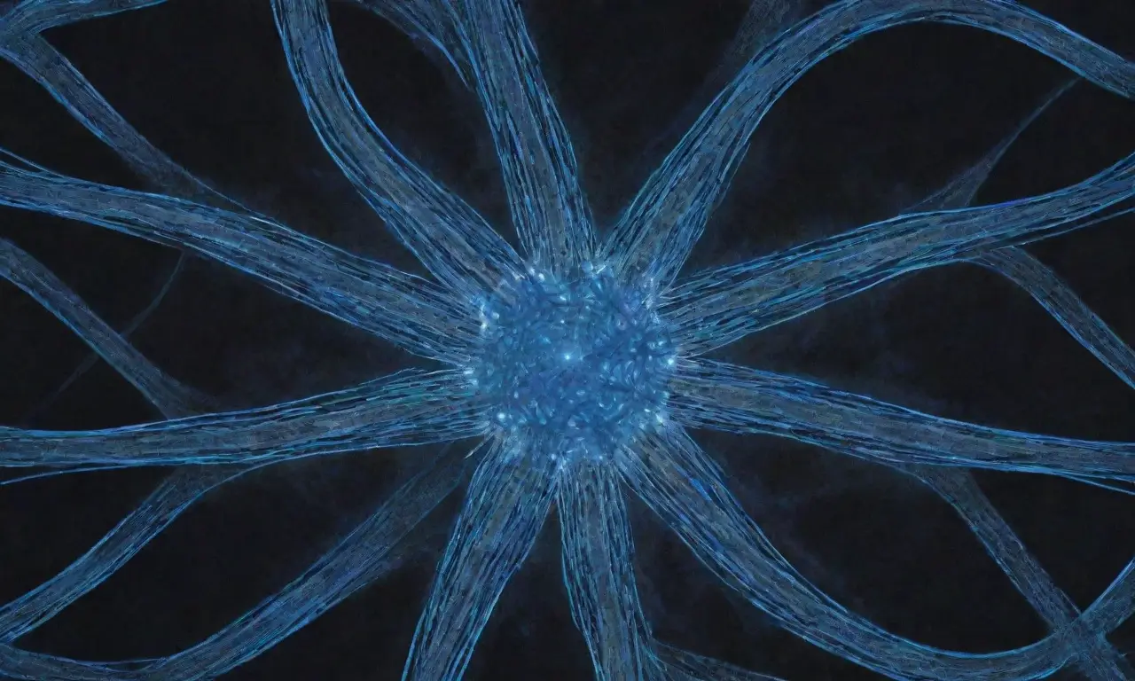 Una arquitectura de diseño abstracto con patrones de azul neón y con un fondo de red neuronal presenta sinapsis elaboradas en hilos de plata