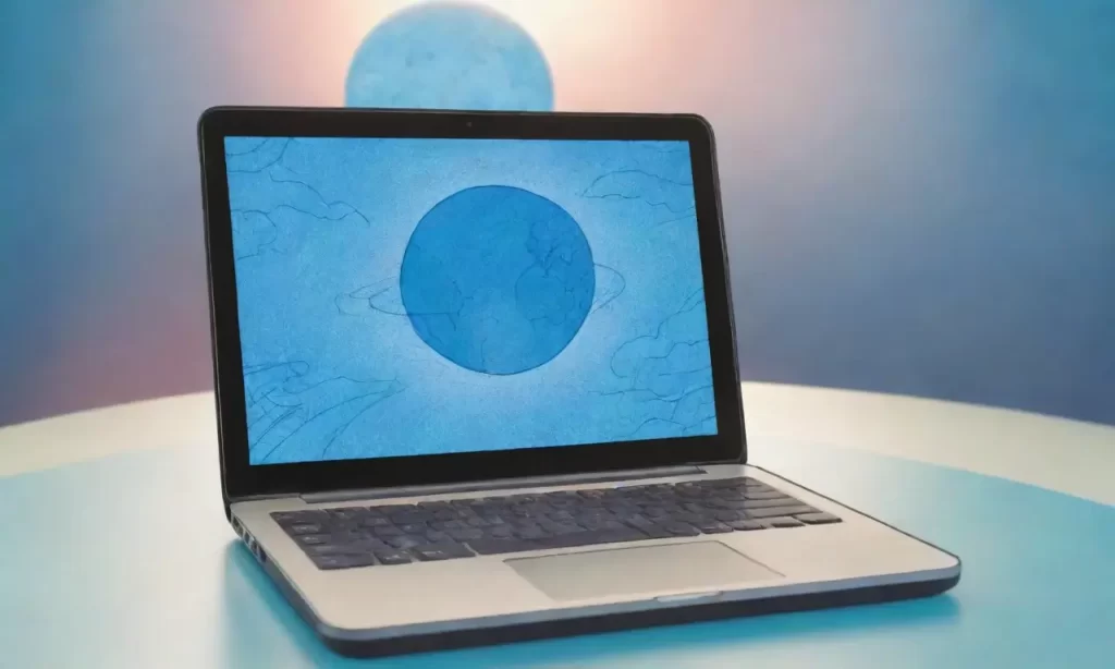 La pantalla del portátil emite luz azul mientras un globo virtual se muestra sobre una lluvia de nubes