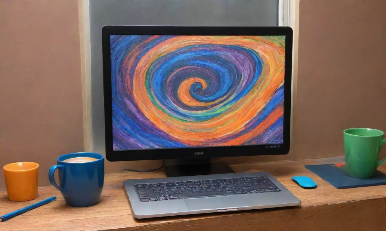 La pantalla del portátil emite colores vibrantes en un fondo abstracto