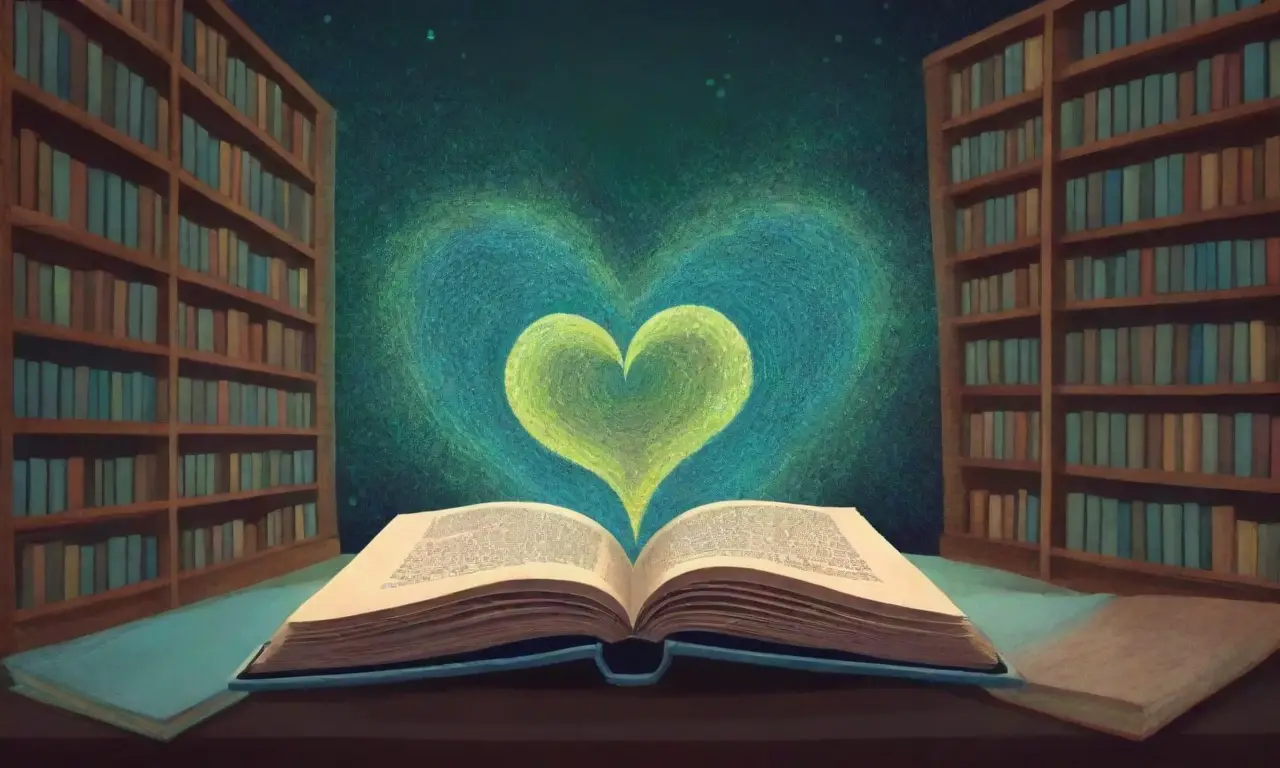 Un corazón vibrante irradia calor en un espacio bibliotecario abstracto
