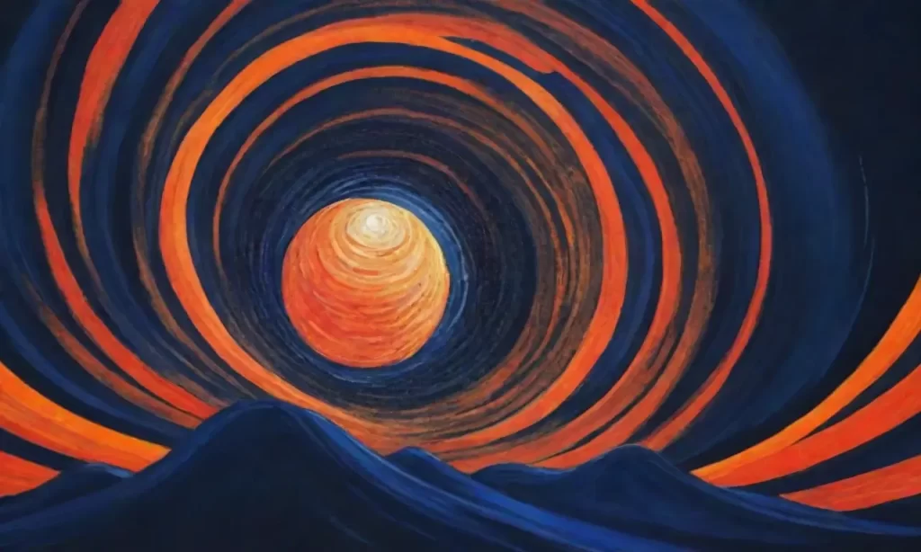 Líneas doradas giran por un fondo azul profundo; un globo pulsa y un atardecer de naranja baila mientras regresa al cielo nocturno