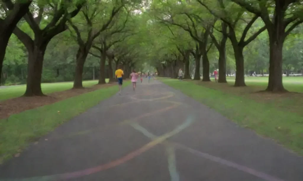 En un tablero de pizarra se dibujan colores y niños corriendo