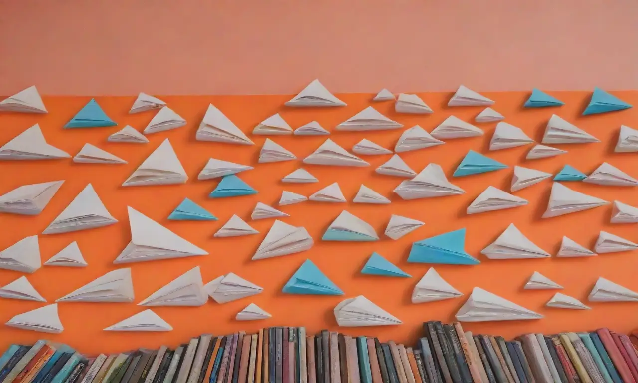 Un espectro naranja vibrante abarca una pared, con libretas y un avión de papel en el rincón
