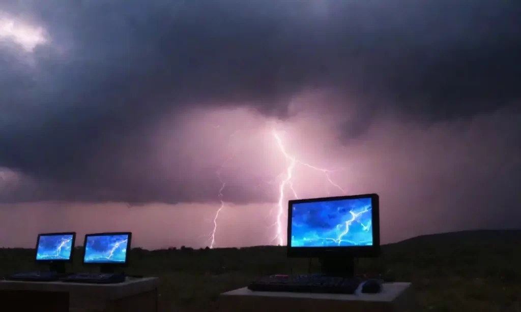 El cielo celeste se ilumina con pantallas de computadora y se vuelve rosa neón durante una tormenta