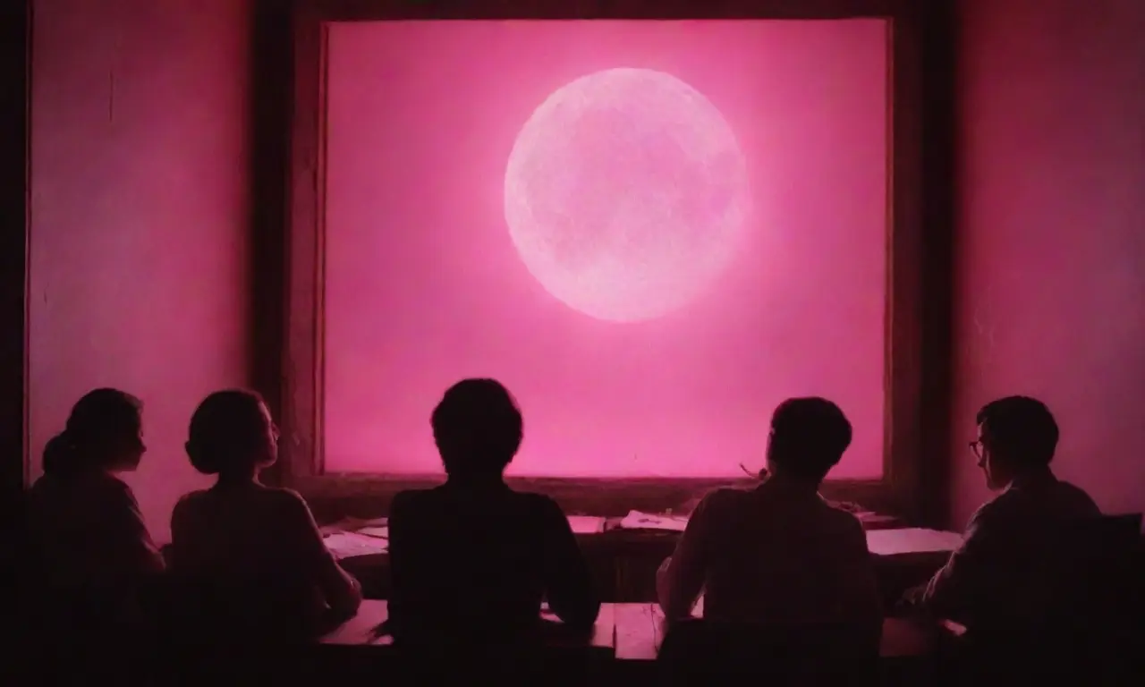 Libros con ojos, un calendario desgarrado y luna de neón iluminan una pizarra