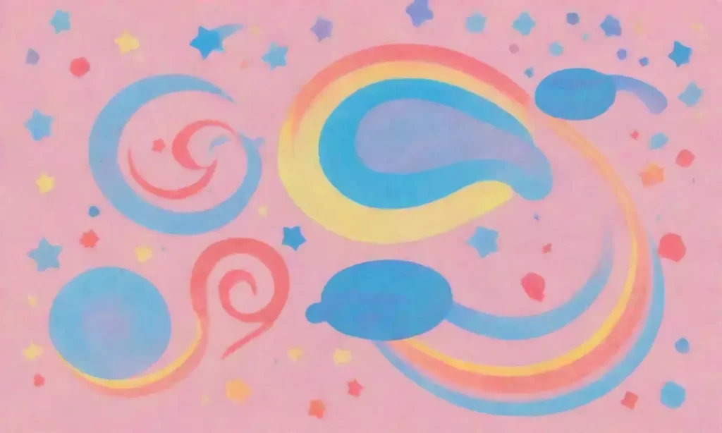 Dibujos surrealistas de rosa pastel y azul con rayos arcoíris y estrellas bailando
