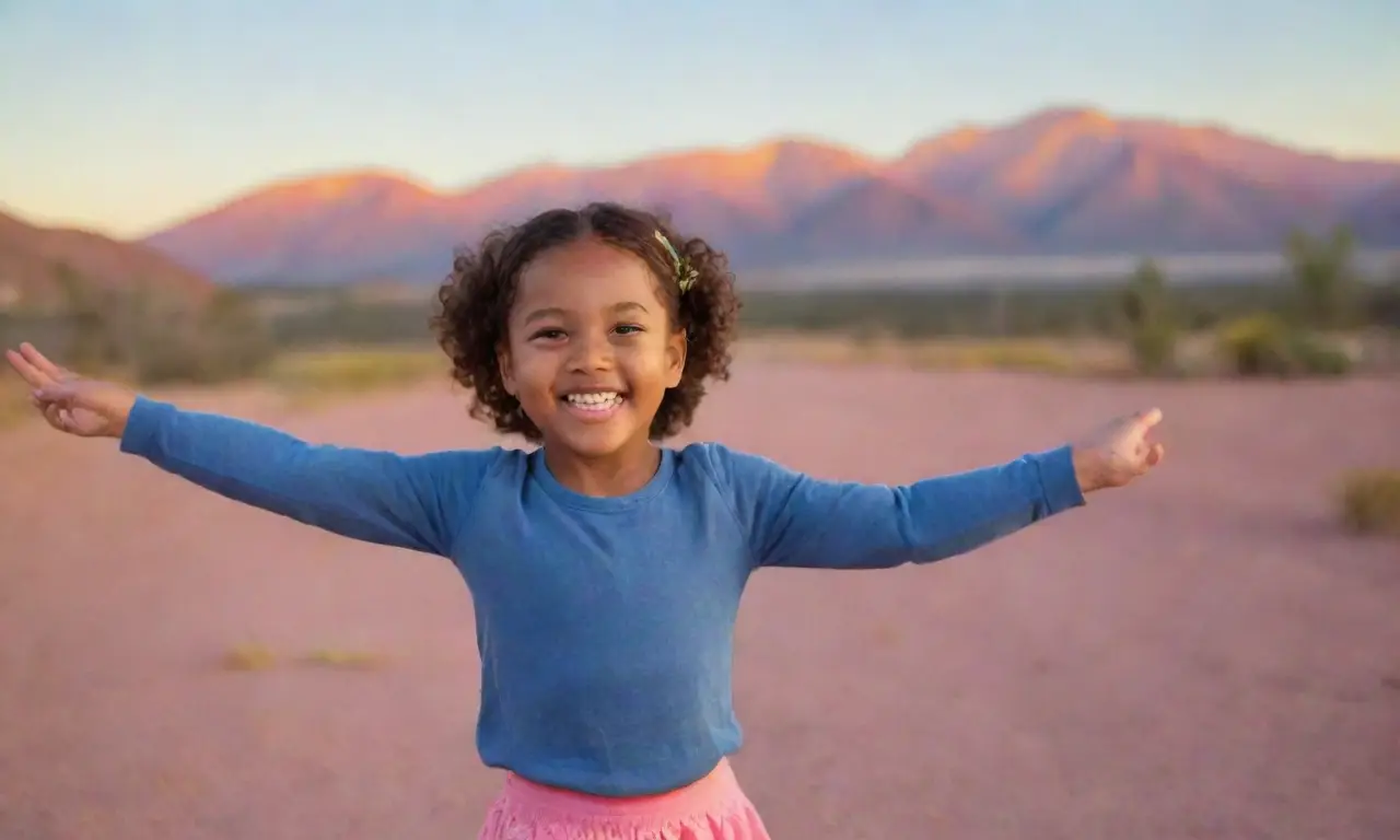 Un niño multiracial se estira con el amanecer en tonos rosa y amarillo