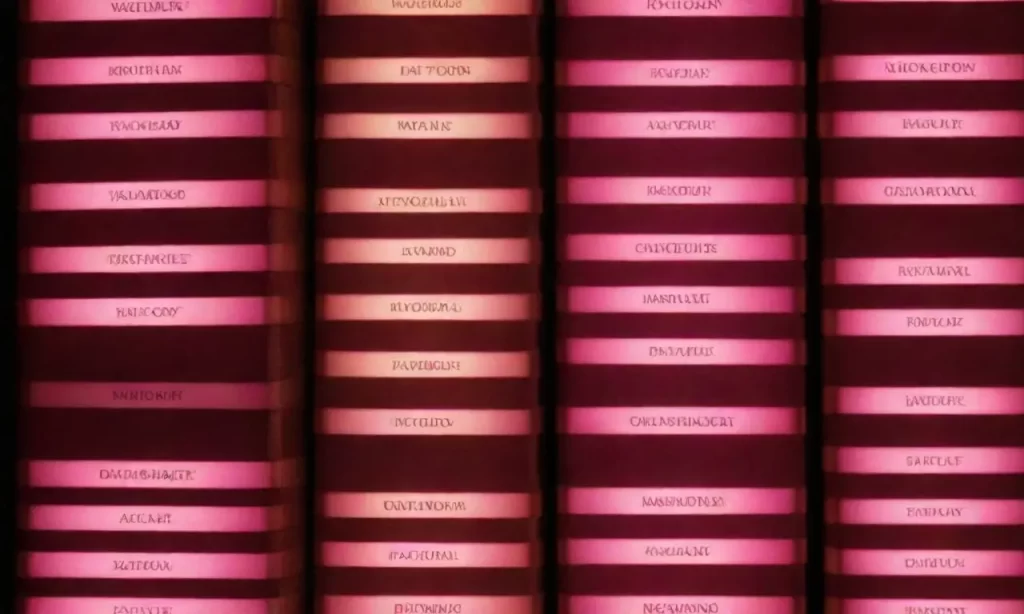 Libros luminosos con luces rosadas. (Lit books with pink lights.) **Explanation:*** We focus on the most striking aspect