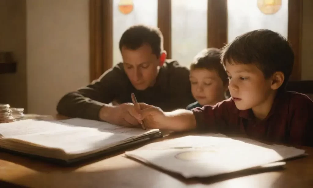 Un collage circular de colores cálidos muestra una familia estudiando cuentas